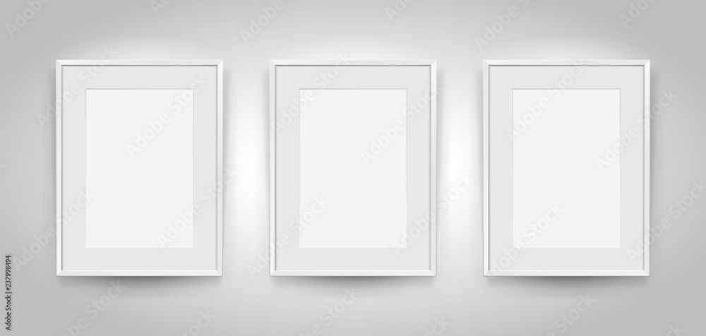 Poster three realistic empty rectangular white frames with passepartout on gray background, border for your