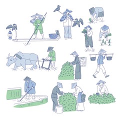 Chinese farmers and fishermen in traditional costumes. Vector line art set people plant rice, grow tea and go fishing. Symbols of asian agricultural culture.