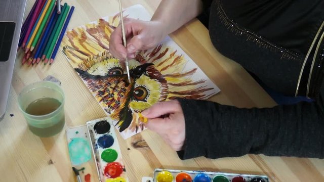 Drawing owl paints on the table