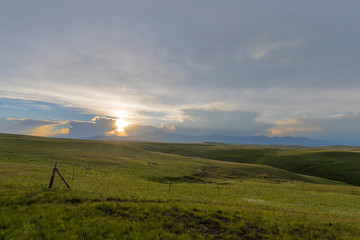 Fototapeta na wymiar Green pastures at sunset