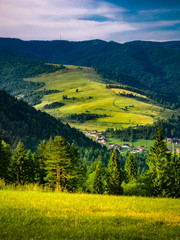 Village Szlachtowa and Przehyba from Pieniny Mountains in summer.