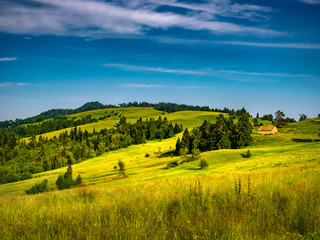 Fototapeta na wymiar Mounts Durbaszka, Borsuczyny and Wysoka. View from near Mount Wysoki Wierch. Pieniny Mountains, Poland.