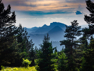 Three Crowns (Trzy Korony) Mount view from near Wysoki Wierch (Slachtovky) Mount in summer. Pieniny Mountains, Poland.