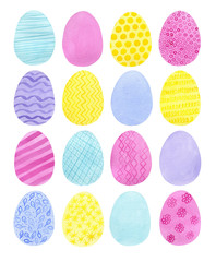 Watercolor blue hand drawn Easter eggs with ornament. Isolated on white background