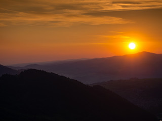 Sunset over Gorce Mountains, Luban Mount. Mount Palenica on left side. View from Mount Jarmuta, Pieniny, Poland.