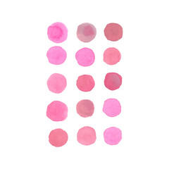 Set of pink polka dot elements arranged in a pattern painted in watercolor on clean white background