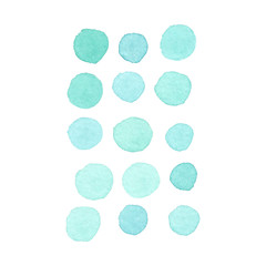 Set of turquoise blue polka dot elements arranged in a pattern painted in watercolor on clean white background