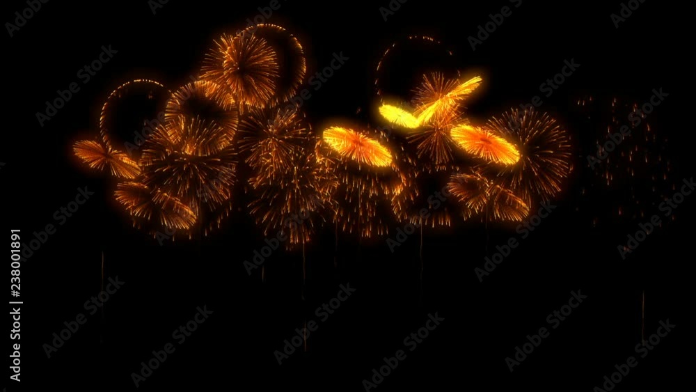 Poster multiple volleys of fireworks isolated on black background. 3d animation 3d render close up view. go