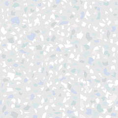 Vector seamless terrazzo pattern. Marble mosaic flooring with natural stones, granite, concrete. Light grey and blue background, natural pastel colors