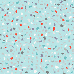 Vector seamless terrazzo pattern. Marble mosaic flooring with natural stones, granite, concrete. Blue background, red, grey, green colors of chips