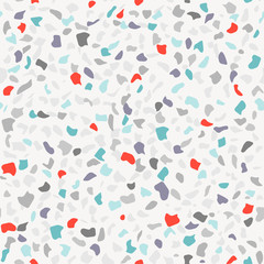 Vector seamless terrazzo pattern. Marble mosaic flooring with natural stones, granite, concrete. White background, red, grey, green colors of chips