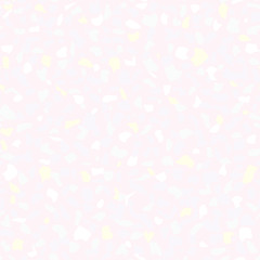 Vector seamless terrazzo pattern. Marble mosaic flooring with natural stones, granite, concrete, quartz. Pink background, white, yellow, beige chips