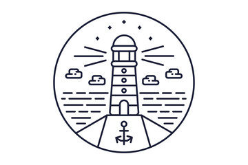 Line style logotype template with lighthouse. Isolated on background and easy to use. Lighthouse on horizon. Clean and minimalistic symbol. Travel concept.