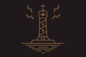 Line style logotype template with lighthouse. Isolated on background and easy to use. Lighthouse on horizon. Clean and minimalistic symbol. Travel concept.