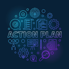 Action Plan vector round blue modern outline illustration on dark background