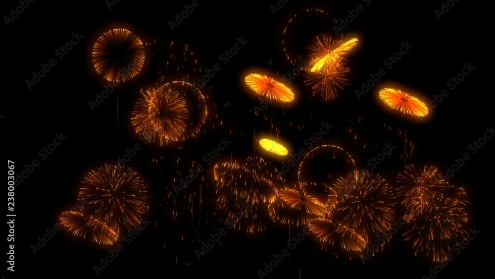 Poster multiple volleys of fireworks isolated on black background. 3d animation 3d render close up view. go
