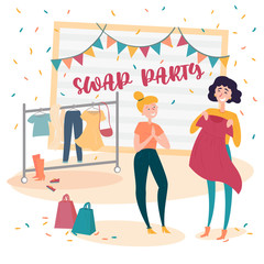 Two young social and eco responsible girls at fashion swap party. Reduce and reuse concept. Idea of exchange your old wardrobe for new. Eco-friendly cloth exchange. Vector cartoon style illustration