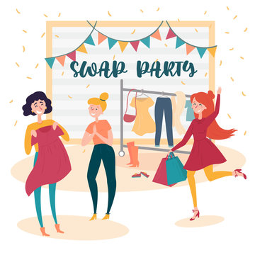 Three young social and eco responsible girls at fashion swap party. Reduce and reuse concept. Idea of exchange your old wardrobe for new. Eco-friendly cloth exchange. Vector cartoon style illustration