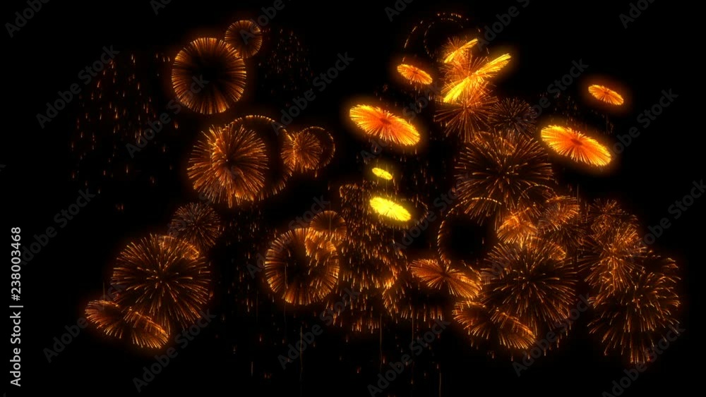 Poster multiple volleys of fireworks isolated on black background. 3d animation 3d render close up view. go