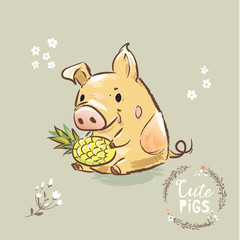 Pig Character Holding Pineapple 2019 Symbol. Happy New Year Greeting Card Design for Print. Flat Cartoon Vector Illustration.