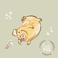 Happy Pig 2019 New Year Symbol Dancing. Funny New year Sign for Invitation Banner . Christmas Golden Character Poster Flat Cartoon Vector Illustration.