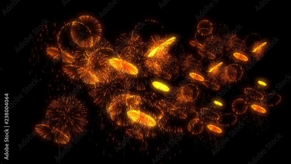 Poster multiple volleys of fireworks isolated on black background. 3d animation 3d render close up view. go