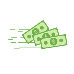Money vector icon. Bank note. Dollar bill flying from sender to receiver. Design illustration for money, wealth, investment, banking and finance concepts.