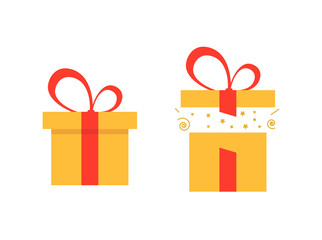 Set of open and closed present boxes. Surprise in the box. Vector illustration for wionter holidays, Christmas, New Year and happy birthday.