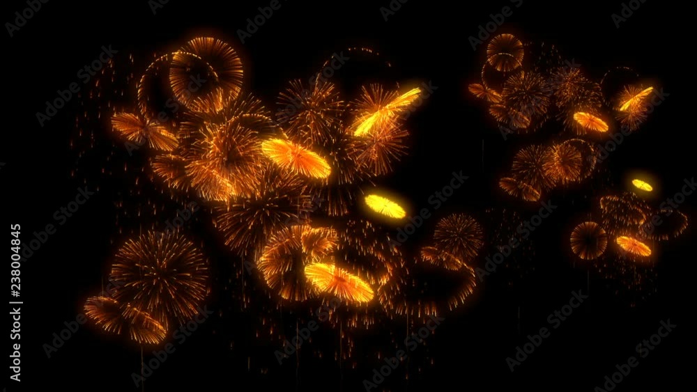 Poster multiple volleys of fireworks isolated on black background. 3d animation 3d render close up view. go