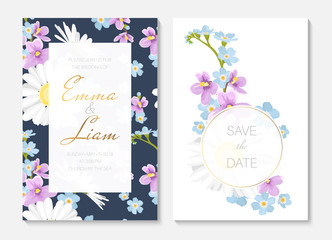 Wedding invitation card template set. Yellow white daisy chamomile blue forget-me-not purple viola wild flowers.