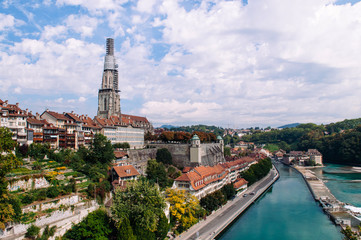 Obraz premium Matteschwelle, Aare river and Evangelical Church in Bern, Switzerland