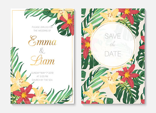 Tropical botanical garden wedding invitation card template. Exotic tropical green palm tree monstera leaves lily flowers