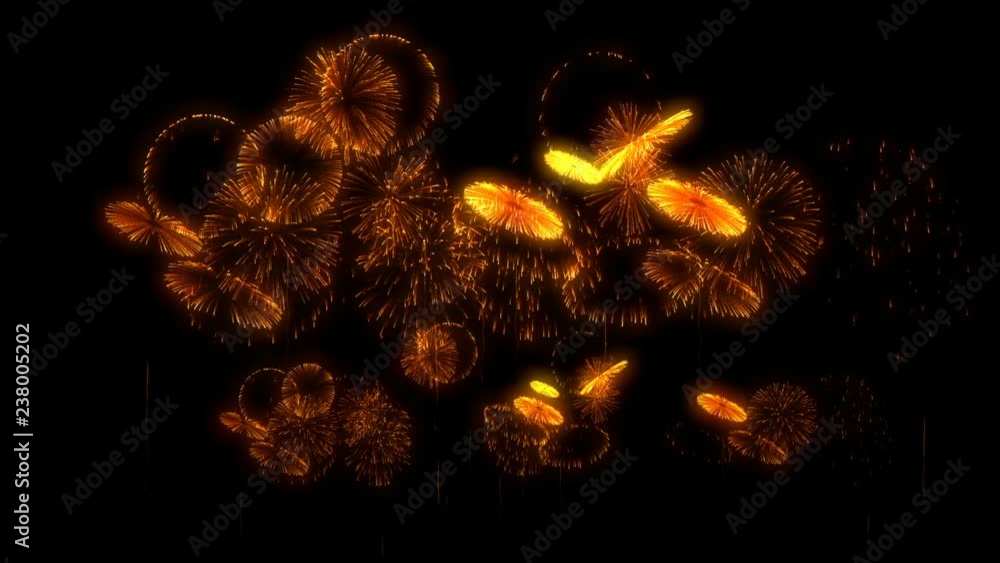 Poster multiple volleys of fireworks isolated on black background. 3d animation 3d render close up view. go