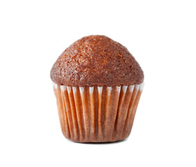 Close-up of chocolate muffin isolated on white background, selective focus.