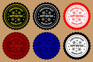 Happy new year, Christmas Post, North Pole (seal, rubber stamp, sticker) vector, black, white, yellow, red, blue,