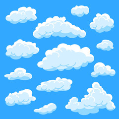 Set of different shape cartoon white clouds on blue background, cloudy sky, vector illustration