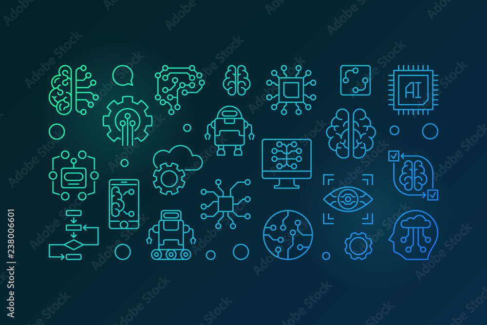 Poster artificial intelligence colorful horizontal outline banner. ai technology vector illustration in lin