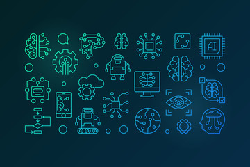 Artificial Intelligence colorful horizontal outline banner. AI technology vector illustration in line style on dark background