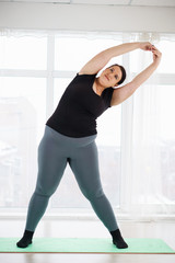 weight loss, healthy lifestyle, sport, activity concept. young overweight woman in sportswear doing...