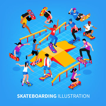 Skateboarding Isometric Background Composition