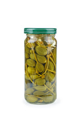 Glass jar with capers berries on a white background