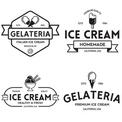Set of vintage ice cream shop logo badges and labels, gelateria signs. Retro logotypes for cafeteria or bar.
