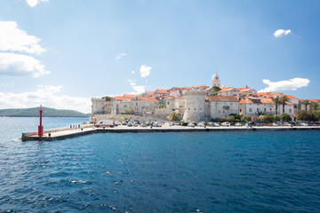 View of the beautiful Korcula town from the sea, Korcula island, Dalmatia, Croatia