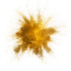 Explosion of yellow powder on white background