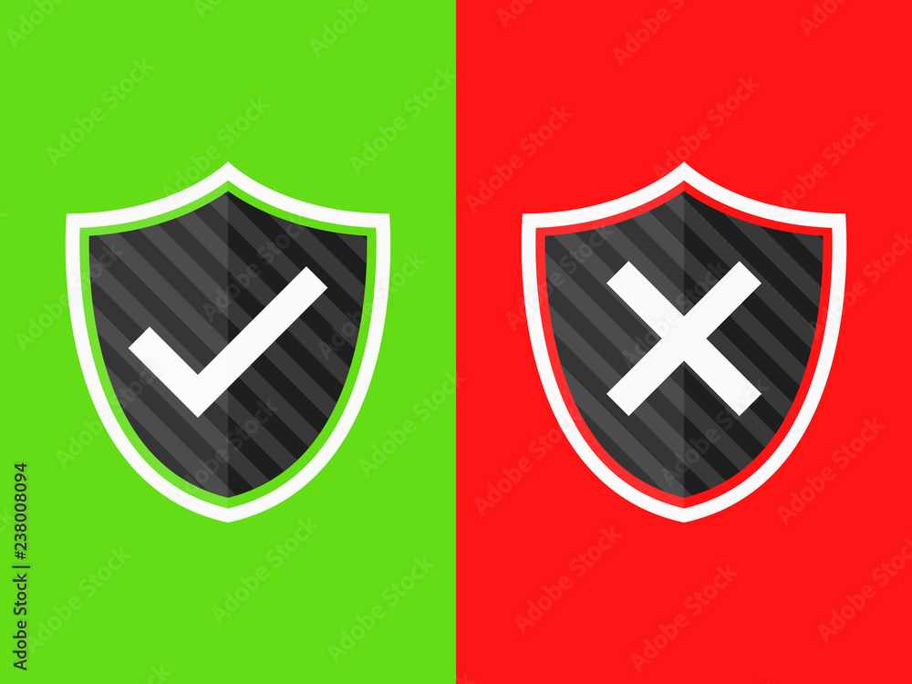 Poster shield green with check mark and shield red cross sign vector