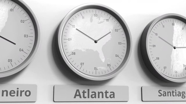 Round clock showing Atlanta, USA time within world time zones. Conceptual 3D animation