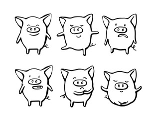 Collection of funny pig emoticon characters in different emotions. Vector set hand drawn illustration. Christmas card, poster, t-shirt composition, hand drawn print.