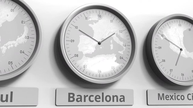Round clock showing Barcelona, Spain time within world time zones. Conceptual 3D animation
