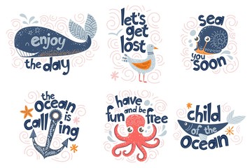 Set of inspirational quotes on the marine theme, lettering with cute doodle style sea characters. Illustrations for nursery decor, prints and posters. Vector © DruZhi Art