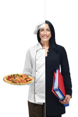 Girl in two occupations of pizza maker and businesswoman.